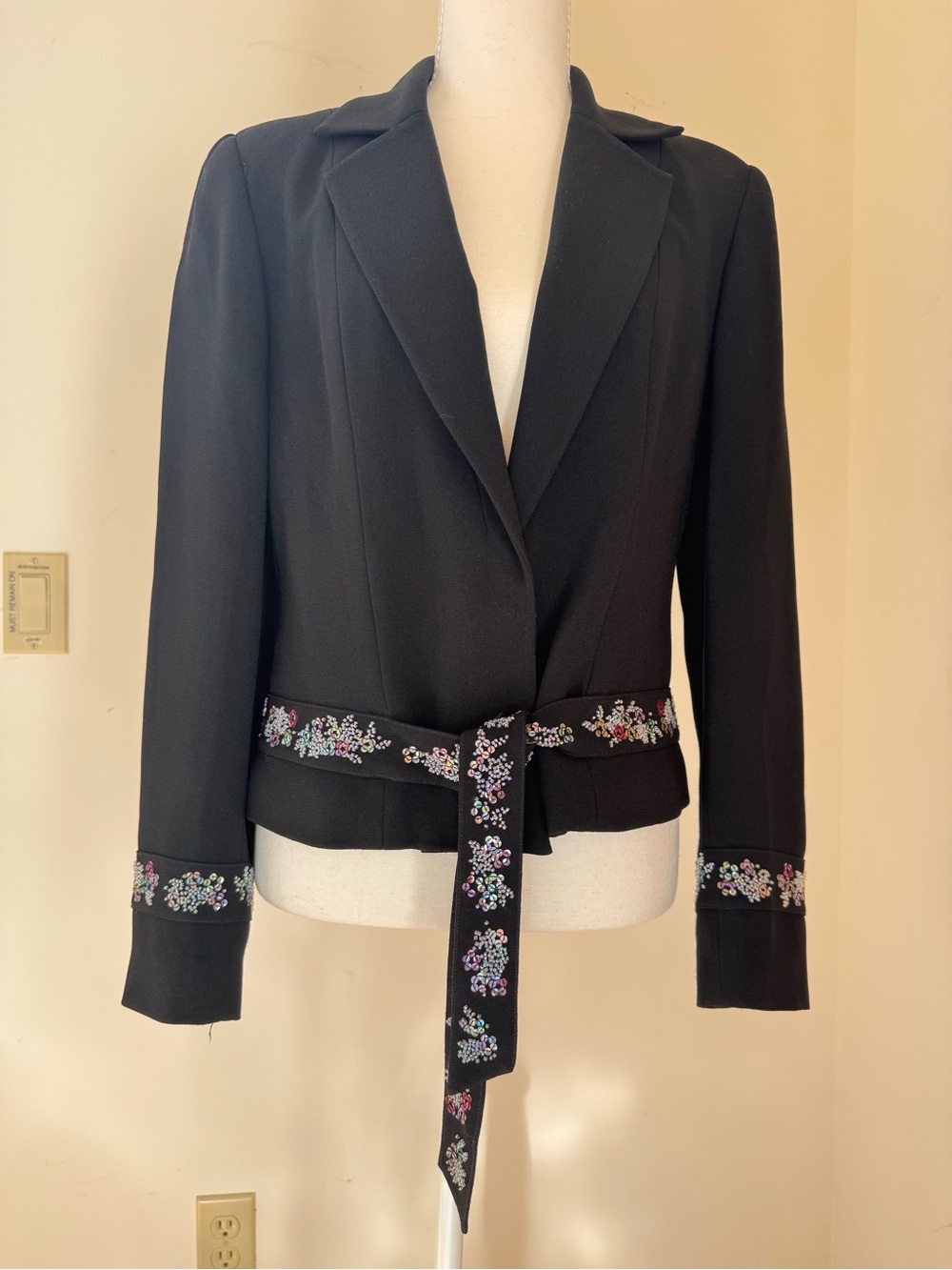 Black Embroidered Belted Blazer